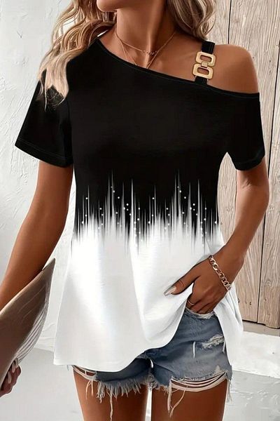 Mossta One Shoulder Buckle Detailed Patterned Single Jersey Blouse - Black