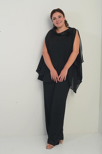 By Saygı Women's Collar Satin Cape Inside Pulp Sequin Sleeveless Blouse Palazzo Pants Lined Plus Size Chiffon 3-Piece