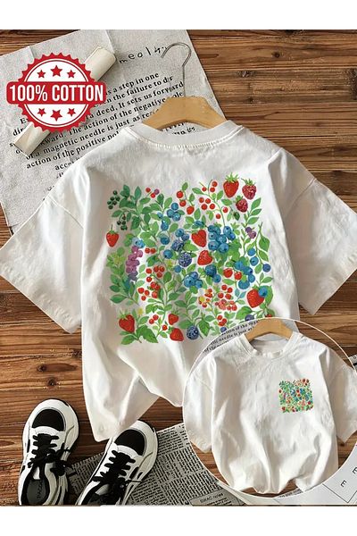 AEMİ Unisex Strawberry Raspberry Blueberry Printed Oversize Crew Neck T-Shirt