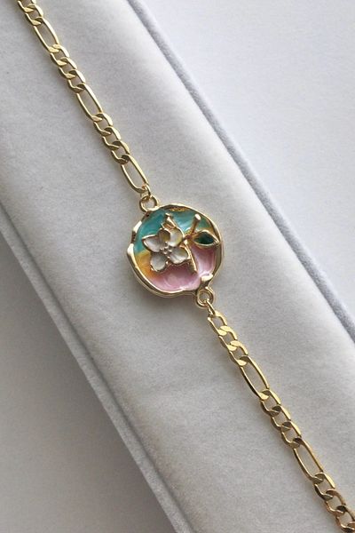 AurorAccessory Mineli Embroidered Figaro Gold Chain White Flower Art Bracelet 17+3 cm