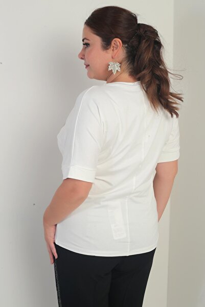 By Saygı Women's Short Bat Sleeve Stone Detailed Rose Patterned Lycra Plus Size Blouse