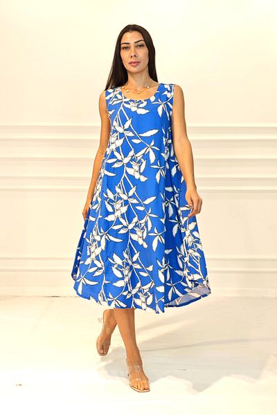 Markano Saks Blue Floral U-Neck Strap Midi Dress