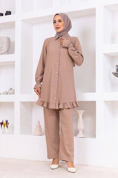 OKTAYUSTA COLLECTİON Stone Detailed Modal Cotton Double Bottom-Top Set Mink
