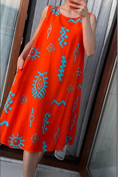 AYASOFYA OTANTIK Women's Orange Retro Patterned Sleeveless Midi Dress