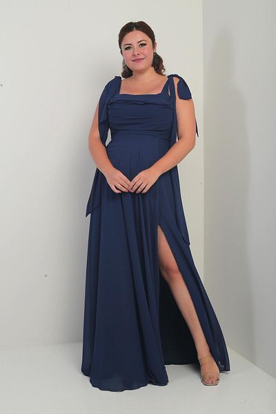 By Saygı Women's Degaje Collar Shoulder Tie Lined Plus Size Crepe Chiffon Long Dress