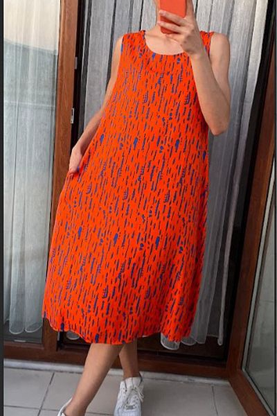 AYASOFYA OTANTIK Women's Orange Blue Retro Patterned Sleeveless Midi Dress