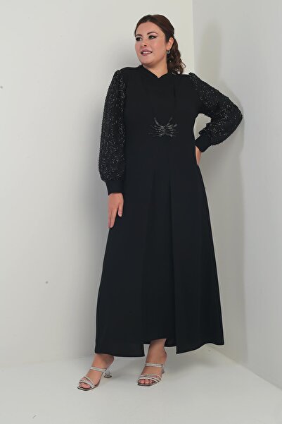 By Saygı Women's Sleeve and Front Sequin Plus Size Long Hijab Dress