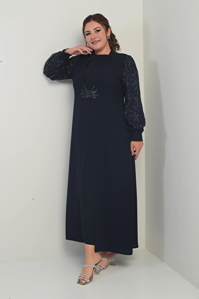 By Saygı Women's Sleeve and Front Sequin Plus Size Long Hijab Dress
