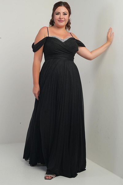 By Saygı Women's Stone Embroidered Strapless Neckline Rope Strap Off Shoulder Silvery Long B.B. Dress