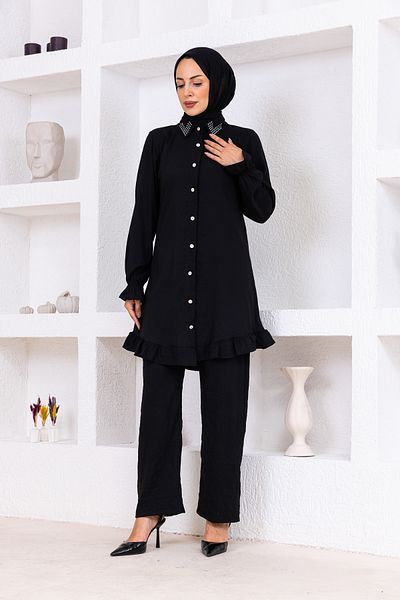 OKTAYUSTA COLLECTİON Stone Detailed Modal Cotton Double Bottom-Top Set Black