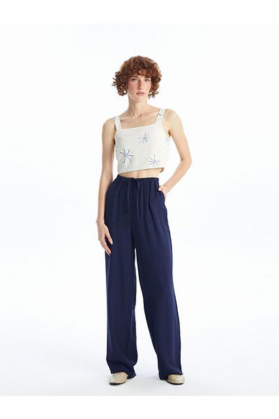 LC Waikiki Lcw Vision Square Collar Embroidered Linen Blend Women's Crop