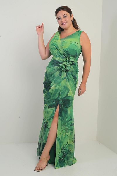 By Saygı Women's Front Back V Neckline Lined Front Draped 3D Floral Print Plus Size Tulle Long Dress