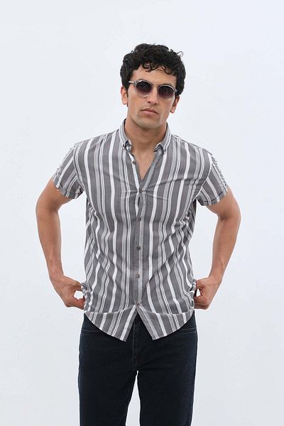 SHIRTSPRO shirtpro 100% cotton regular fit short sleeve button down collar shirt in grey color