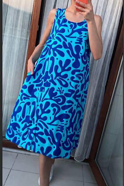 AYASOFYA OTANTIK Women's Blue Retro Patterned Sleeveless Midi Dress