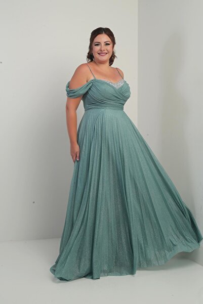 By Saygı Women's Stone Embroidered Strapless Neckline Rope Strap Off Shoulder Silvery Long B.B. Dress