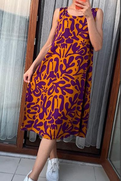 AYASOFYA OTANTIK Women's Retro Patterned Sleeveless Midi Dress