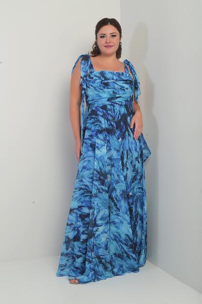 By Saygı Women's Degaje Collar Shoulder Tie Lined Leaf Pattern Plus Size Crepe Chiffon Long Dress