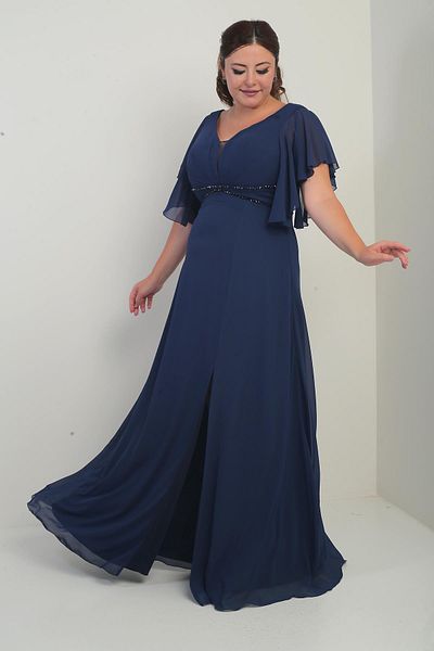 By Saygı Women's Front Back V Neck Flounced Sleeve Lined Waist Beaded Pockets Plus Size Chiffon Dress