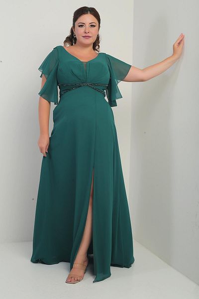 By Saygı Women's Front Back V Neck Flounced Sleeve Lined Waist Beaded Pockets Plus Size Chiffon Dress