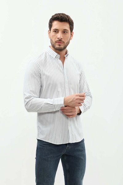 SHIRTSPRO shirtpro 100% cotton stripe fabric regular fit long sleeve button down collar shirt in white color