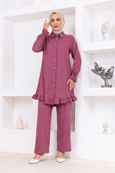 OKTAYUSTA COLLECTİON Stone Detailed Modal Cotton Double Bottom-Top Set Dusty Rose