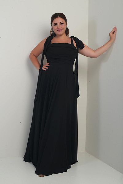 By Saygı Women's Degaje Collar Shoulder Tie Lined Plus Size Crepe Chiffon Long Dress