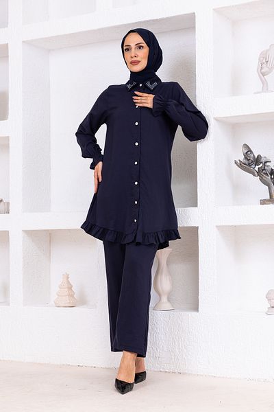 OKTAYUSTA COLLECTİON Stone Detailed Modal Cotton Double Bottom-Top Set Navy Blue