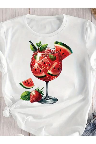 AEMİ Unisex Watermelon Strawberry Printed Oversize Crew Neck T-Shirt