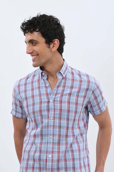 SHIRTSPRO shirtpro cotton regular fit short sleeve button down collar shirt in red color with stripes