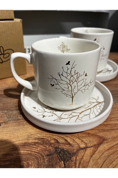 ColorCraft Coffee Cup Set for 2 Persons 4 Piece Filter Coffee, Tea Cup Set, White Tree of Life Pattern