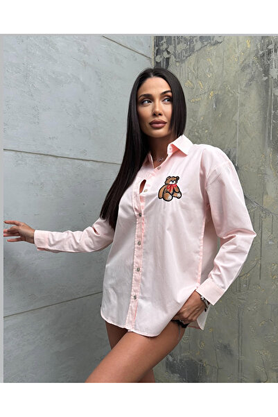 Nura Francy γυναικείο μπάμπι κεντημένο λευκό πουκάμισο ποπλίνα oversize είναι φαρδιά