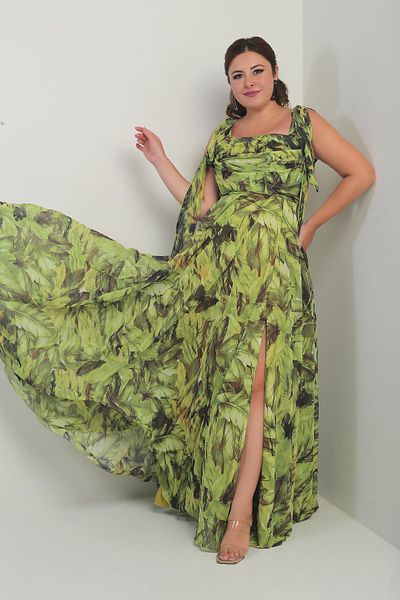 By Saygı Women's Degaje Collar Shoulder Tie Lined Leaf Pattern Plus Size Crepe Chiffon Long Dress