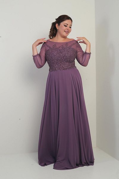By Saygı Women's Top Guipure Embroidered Lined Plus Size Long Chiffon Dress
