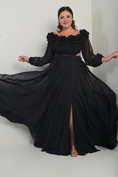 By Saygı Floral Madonna Collar Belted Lined Chiffon B.B. Long Dress