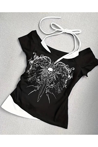 Touz Moda Gothic Skeleton Collar Short Sleeve Full Body Crop with Additional Strap