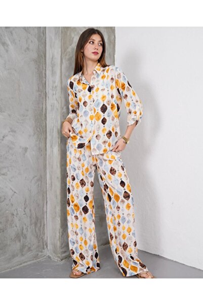 SheLoria Women's Multicolor Geometric Patterned Bottom Top Viscose Set