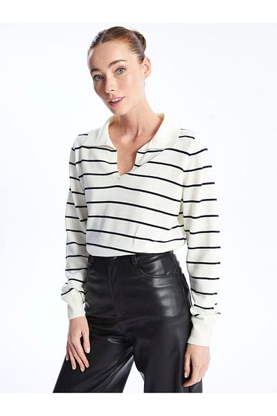LC Waikiki LCWAIKIKI Basic Polo Collar Striped Long Sleeve Women's Knitwear Sweater
