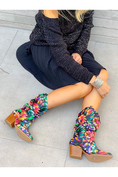 BERFONA Tokyo Flower Patterned Leather 6 cm Heel Dallas Boots Botti̇e