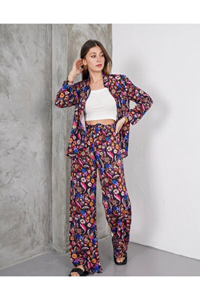 SheLoria Women's Black Floral Patterned Bottom Top Viscose Set