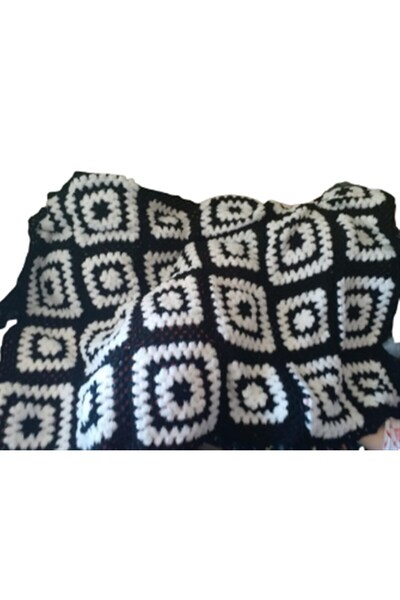 eL&Ma Design El Örgüsü Siyah & Beyaz Motifli Tek Kişilik Tam Boy Kalın Taraftar Battaniyesi