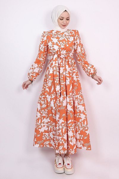 Lucia Fashion Λευκό Floral Flared Hijab Εποχιακό Φόρεμα