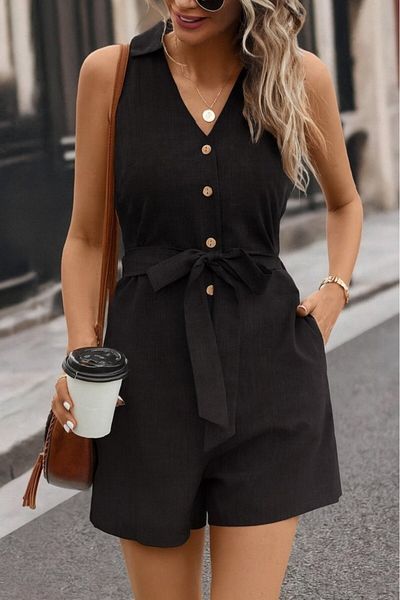 Masspera Shirt Collar Buttoned Belted Mini Sofia Linen Jumpsuit