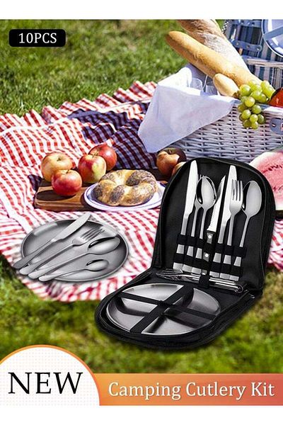 fun zone 10pcs Stainless Steel Camping Cutlery Kit Portable Picnic Set
