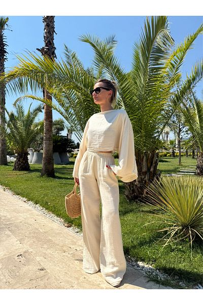 NET OF NOT Gloria Beige Muslin Fabric Blouse Trousers Set