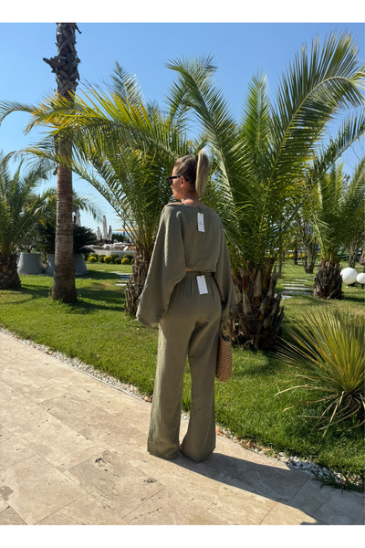 NET OF NOT Gloria Haki Müslin Kumaş Bluz Pantolon Takım