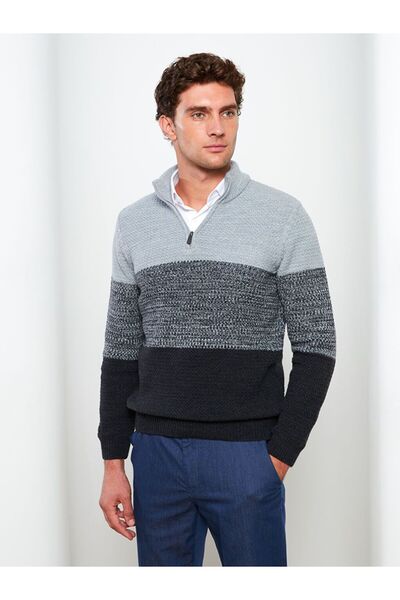 LC Waikiki Beige Stand Collar Long Sleeve Color Block Men's Knitwear Sweater