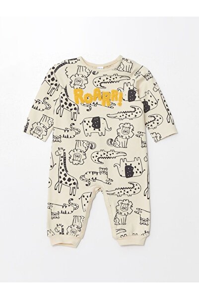 LC Waikiki Beige Crew Neck Printed Baby Boy Jumpsuit
