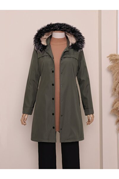 COjans معطف قصير بغطاء للرأس وجيب بزر كبس - كاكي