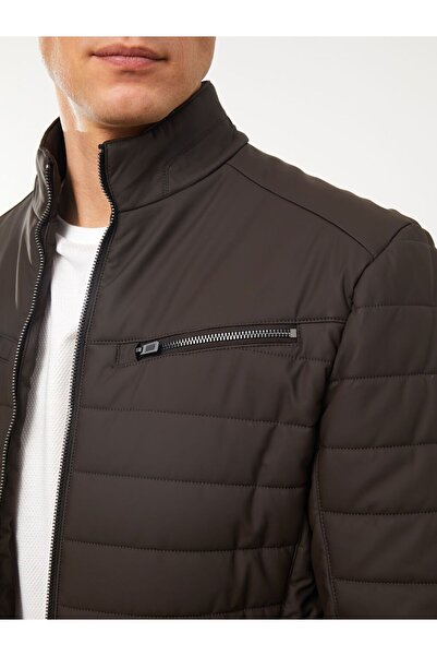 LC Waikiki Καφέ εφαρμοστό ψηλός λαιμός Ανδρικό εφέ δέρματος Παλτό