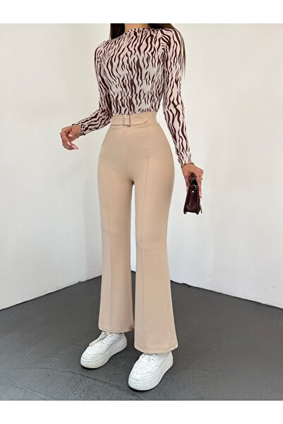 ALPACO Pantaloni cu talie elastică cu detaliu de cataramă pentru curea - piatră